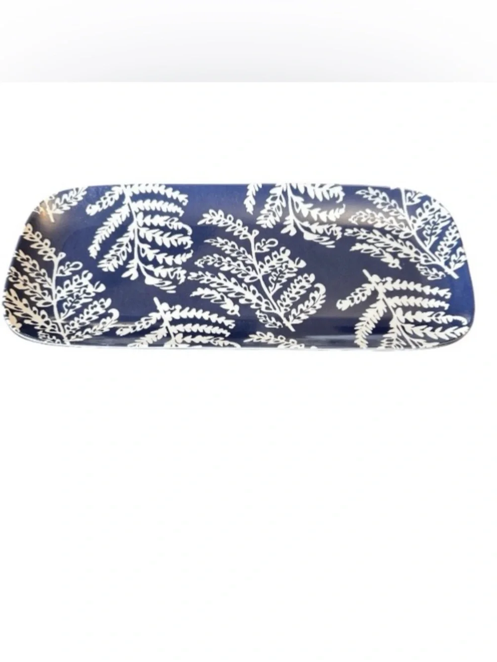 14” Melamine Serving Platter Navy Blue & White Botanical Fern Design Nautical